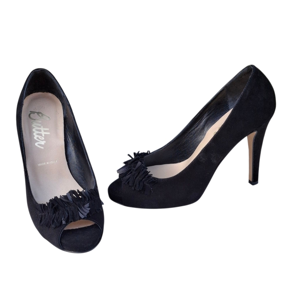 Butter Italy Suede Black Bow Peep Toe Slip On High Heel Shoes Women Size 6